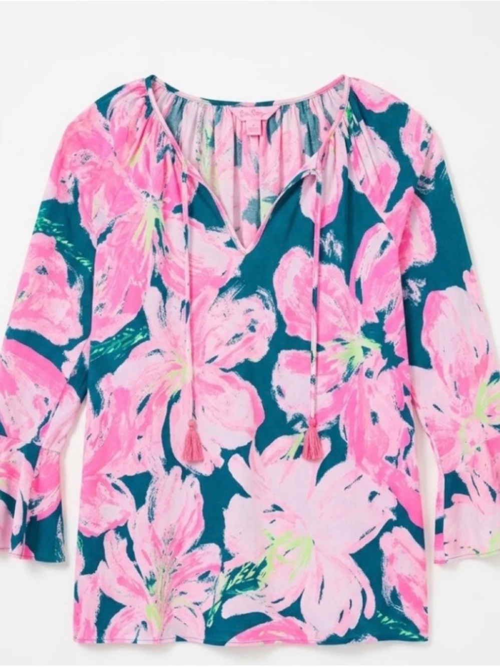 Lilly Pulitzer Teal Top with Pink Floral Print and Tassel Neck